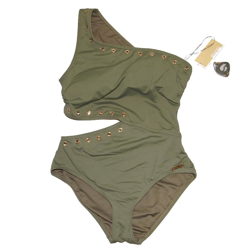 NWT Michael Kors Grunge Luxe Army Green One Piece Swimsuit
